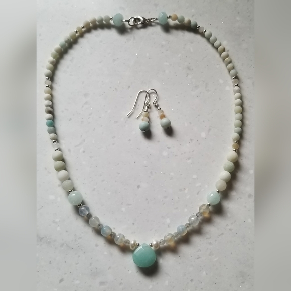 "The Sea Goddess" Aqua Blue Chalcedony & Gemstones Necklace & Earrings Set - Picture 2 of 7